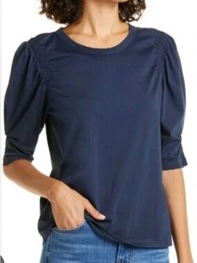 Veronica Beard Jessa Smocked Ruched Sleeve Shoulder Cotton T-Shirt Tee Blouse